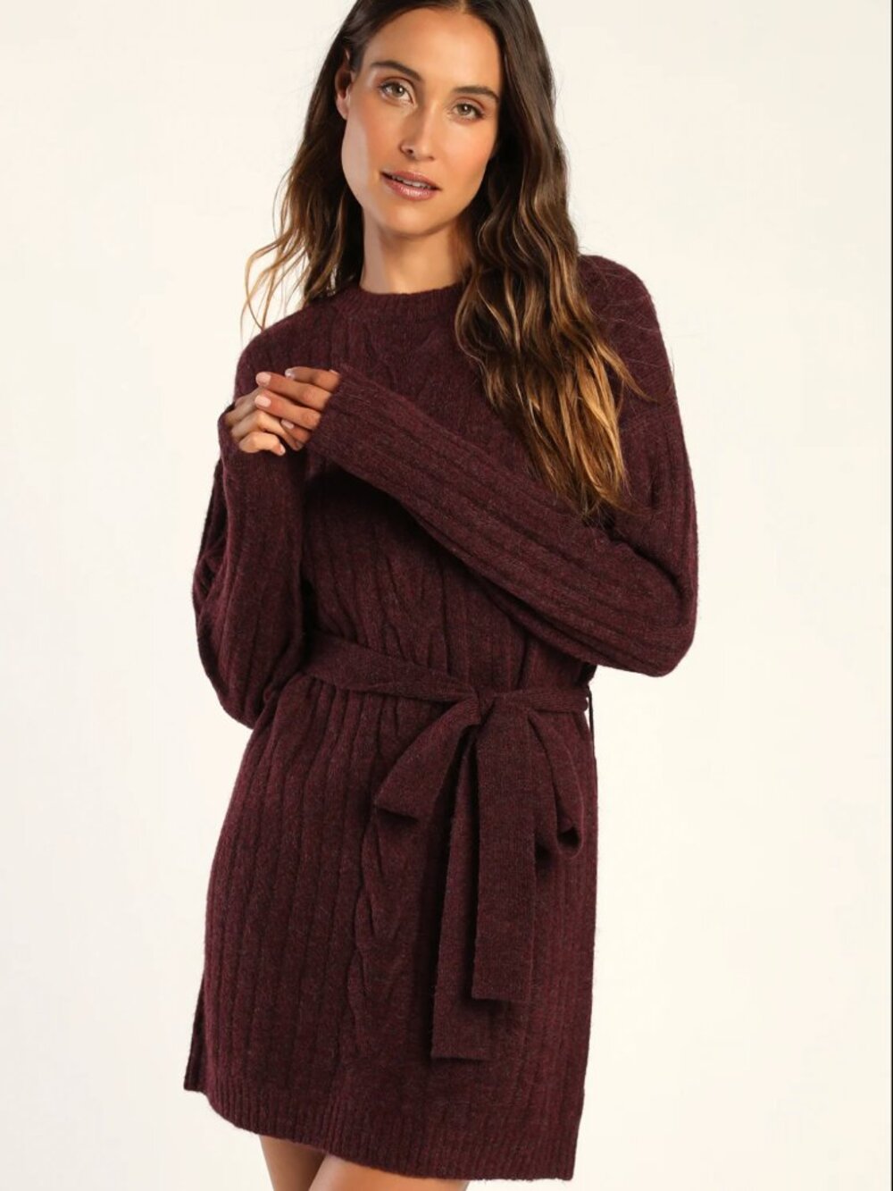 Lulu's Plum Cable-Knit Midi Sweater Dress With Waist Tie